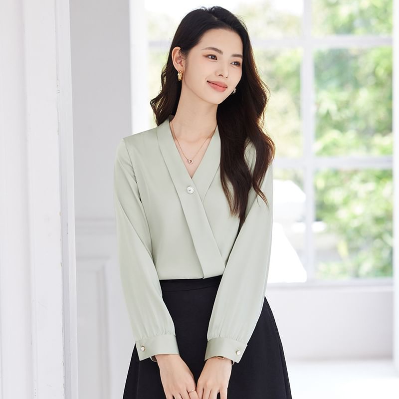 Set: Plain V-Neck Long-Sleeved Blouse + High-Waisted Midi Straight Skirt