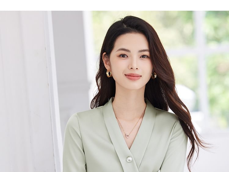 Set: Plain V-Neck Long-Sleeved Blouse + High-Waisted Midi Straight Skirt