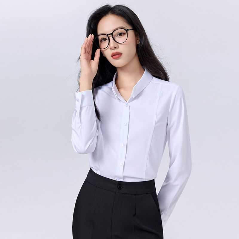 Plain Band-Collar Long-Sleeved Shirt