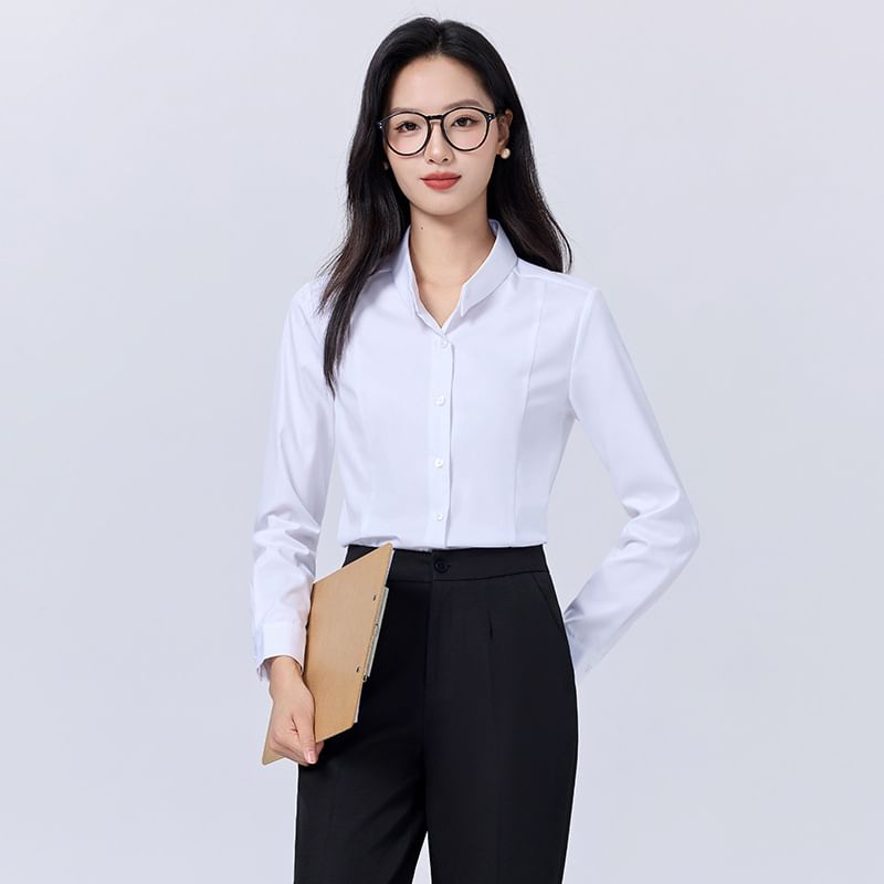 Plain Band-Collar Long-Sleeved Shirt