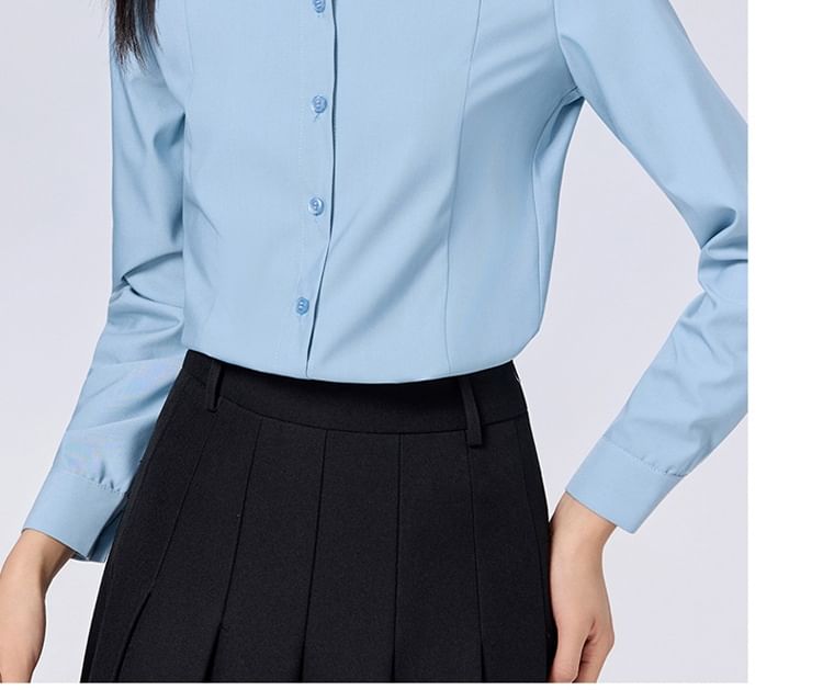 Plain Band-Collar Long-Sleeved Shirt