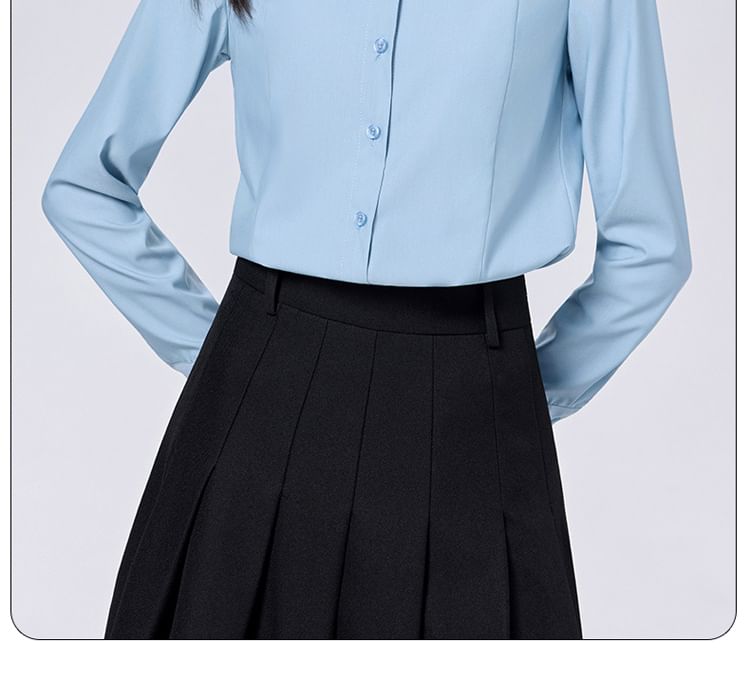 Plain Band-Collar Long-Sleeved Shirt