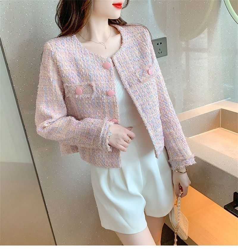 Round Neck Fringed Tweed Button Jacket