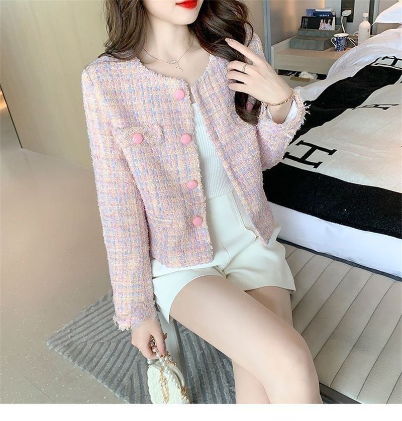 Round Neck Fringed Tweed Button Jacket