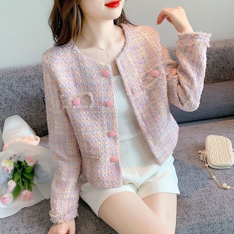 Round Neck Fringed Tweed Button Jacket