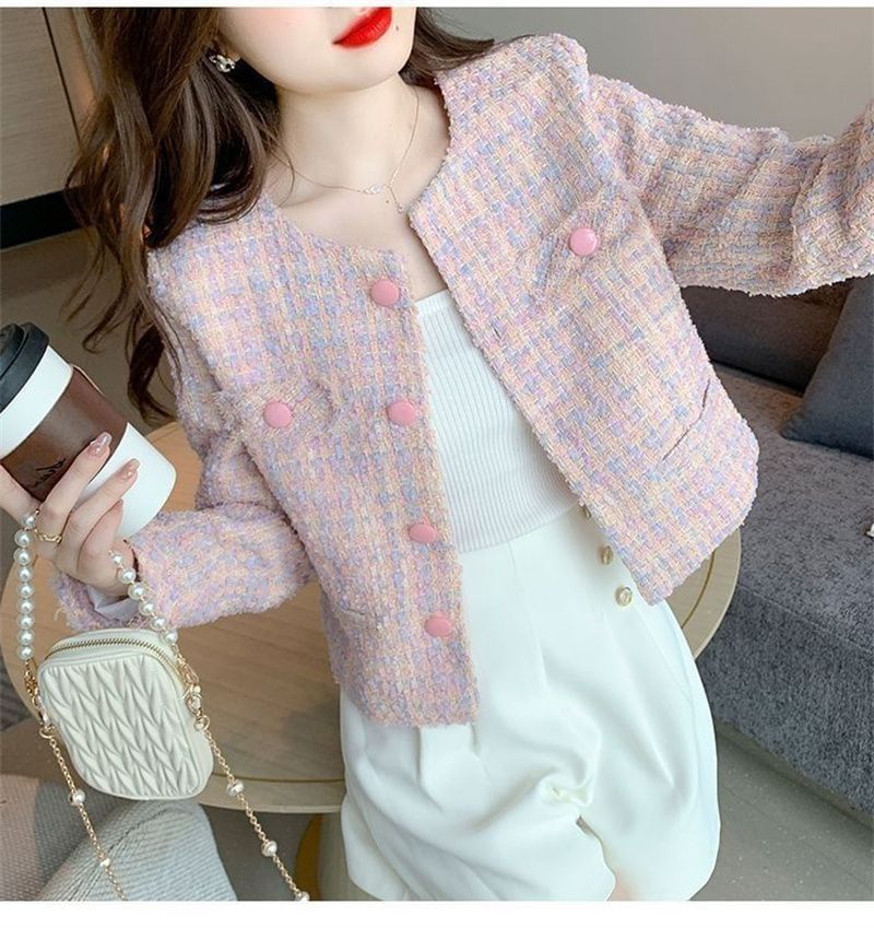 Round Neck Fringed Tweed Button Jacket