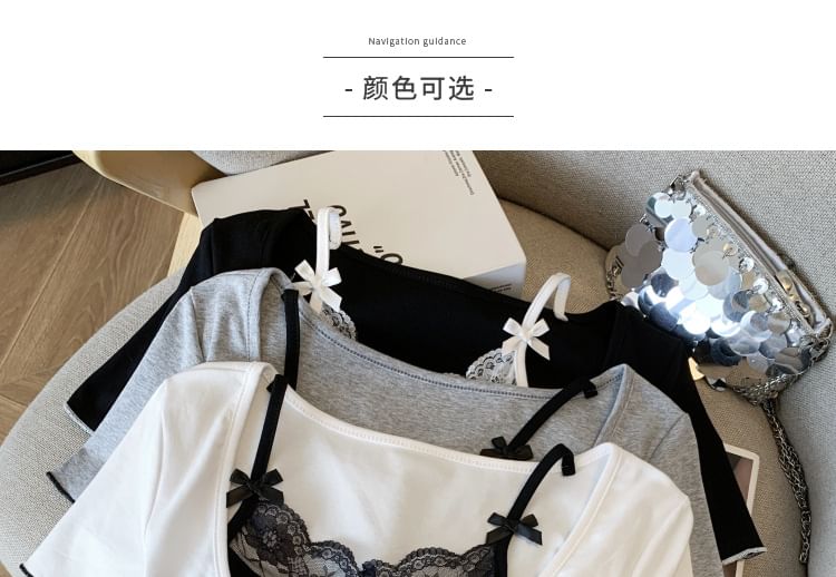 Lace-Trimmed Mock Two-Piece Short-Sleeved Top