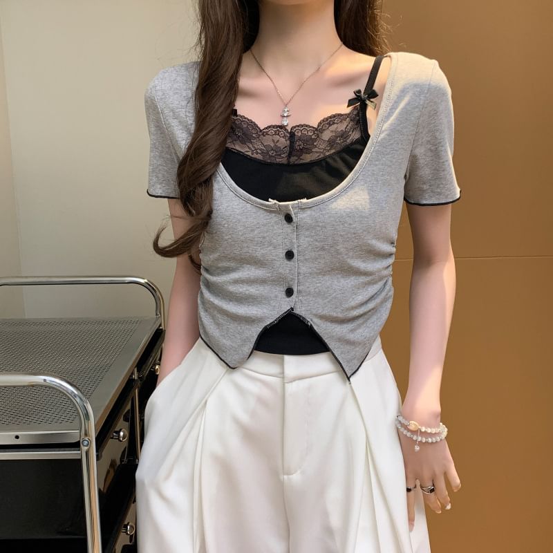 Lace-Trimmed Mock Two-Piece Short-Sleeved Top