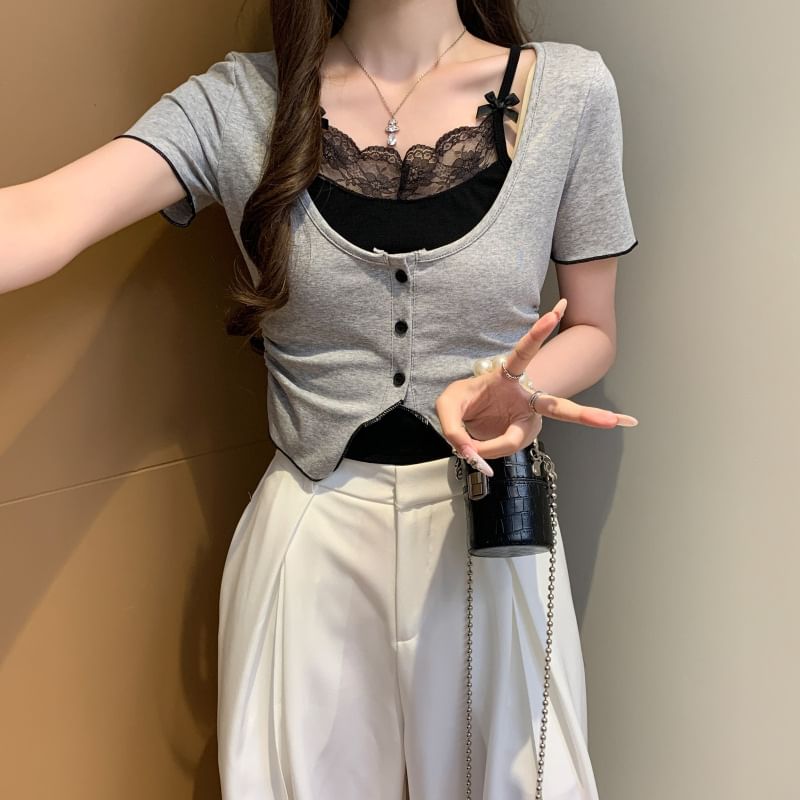 Lace-Trimmed Mock Two-Piece Short-Sleeved Top