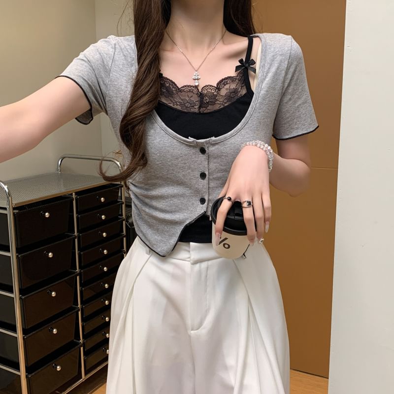 Lace-Trimmed Mock Two-Piece Short-Sleeved Top