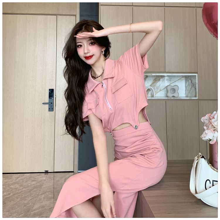 Set: Plain Half-Zip Short-Sleeved Cropped Polo + High-Waisted Slit Midi Pencil Skirt