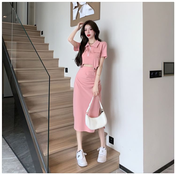 Set: Plain Half-Zip Short-Sleeved Cropped Polo + High-Waisted Slit Midi Pencil Skirt