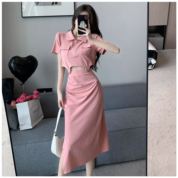 Set: Plain Half-Zip Short-Sleeved Cropped Polo + High-Waisted Slit Midi Pencil Skirt