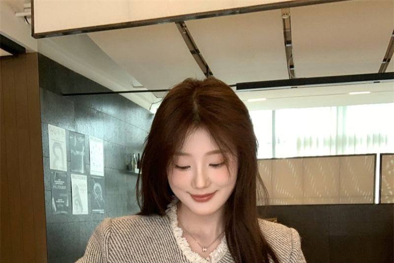 Striped Fringed Tweed Button Jacket