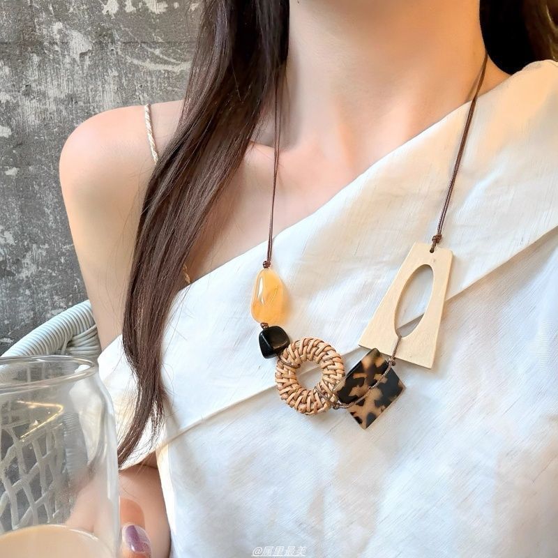 Rattan Cord Acetate Geometric Necklace