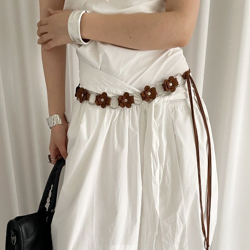 Leather Alloy Chain Faux Floral Waist