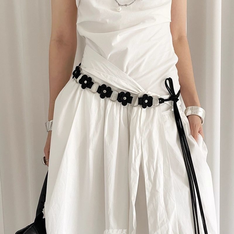 Leather Alloy Chain Faux Floral Waist
