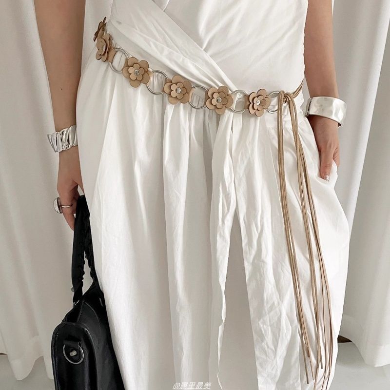 Leather Alloy Chain Faux Floral Waist