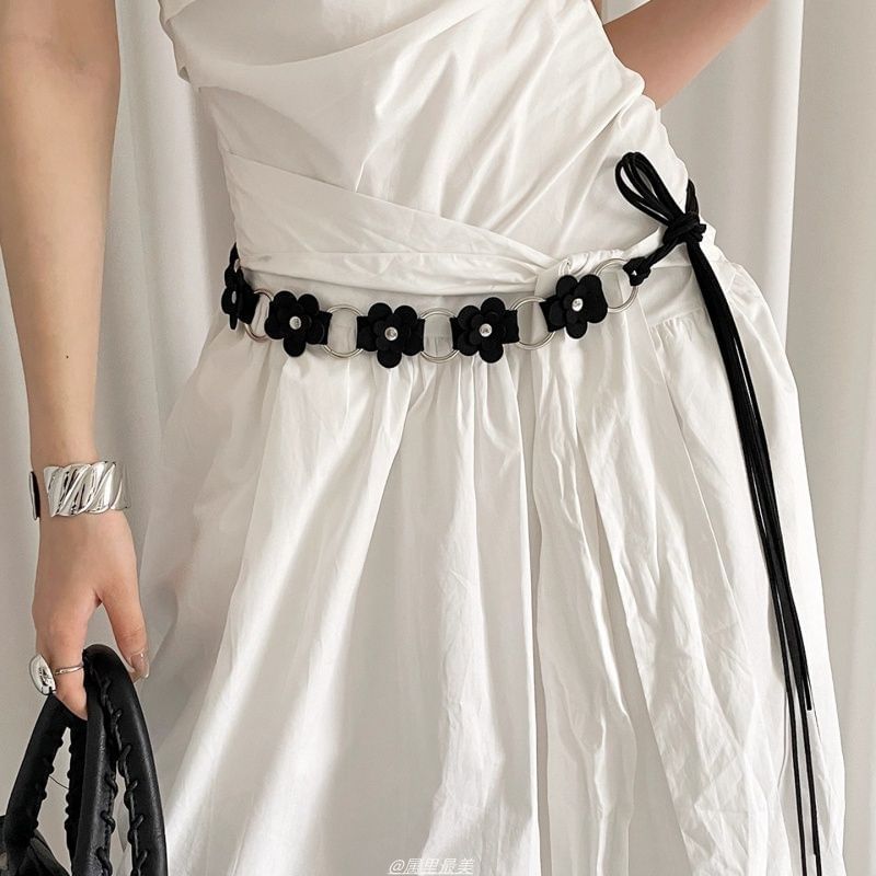 Leather Alloy Chain Faux Floral Waist