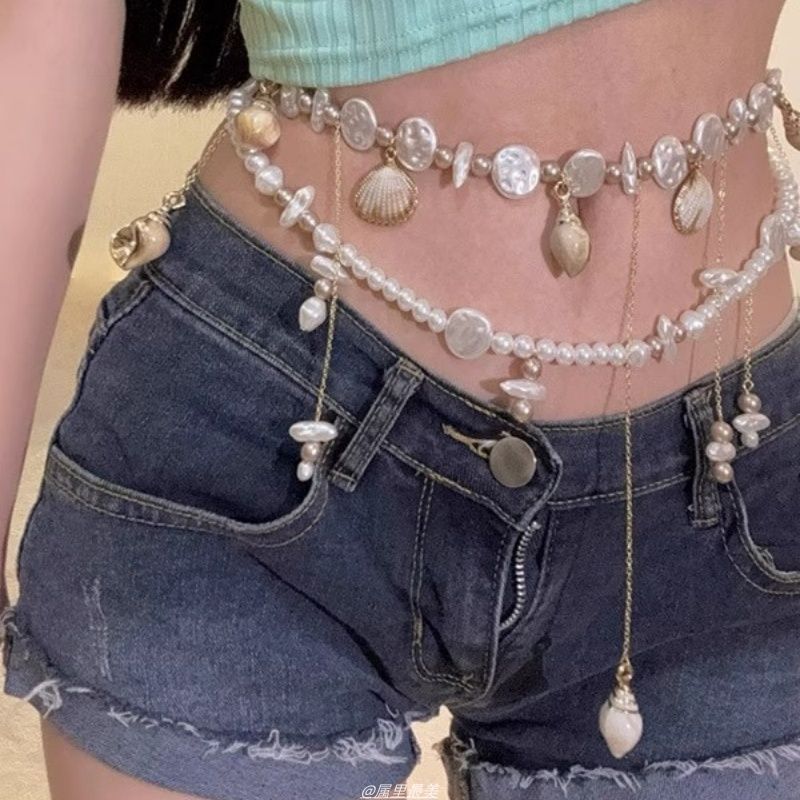 Chain Waist Disc Pearl Shell Faux Alloy