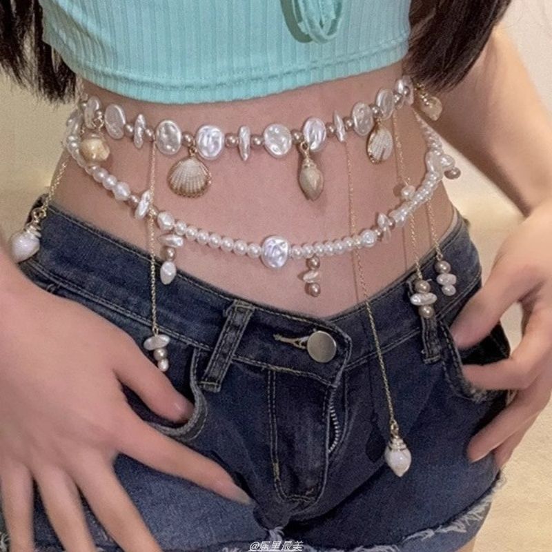 Chain Waist Disc Pearl Shell Faux Alloy