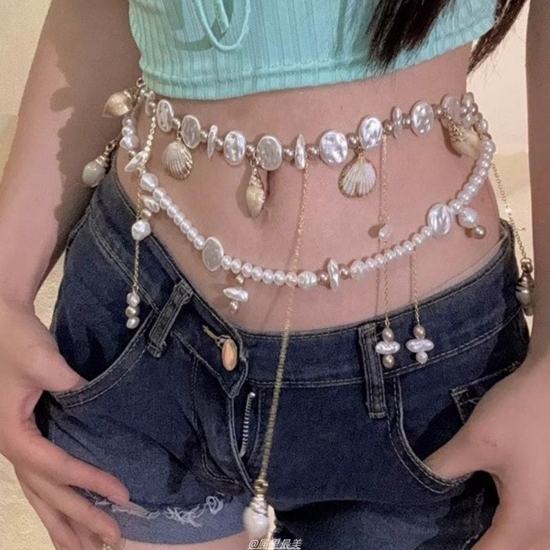 Chain Waist Disc Pearl Shell Faux Alloy
