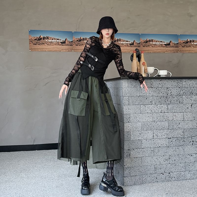 Elastic Waist Buckled Mesh Overlay Cropped Wide Leg Cargo Pants