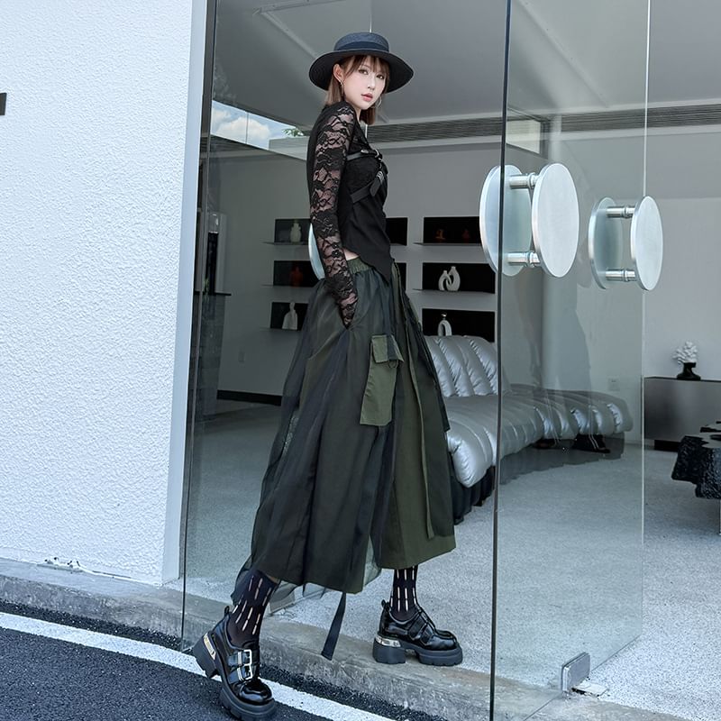 Elastic Waist Buckled Mesh Overlay Cropped Wide Leg Cargo Pants