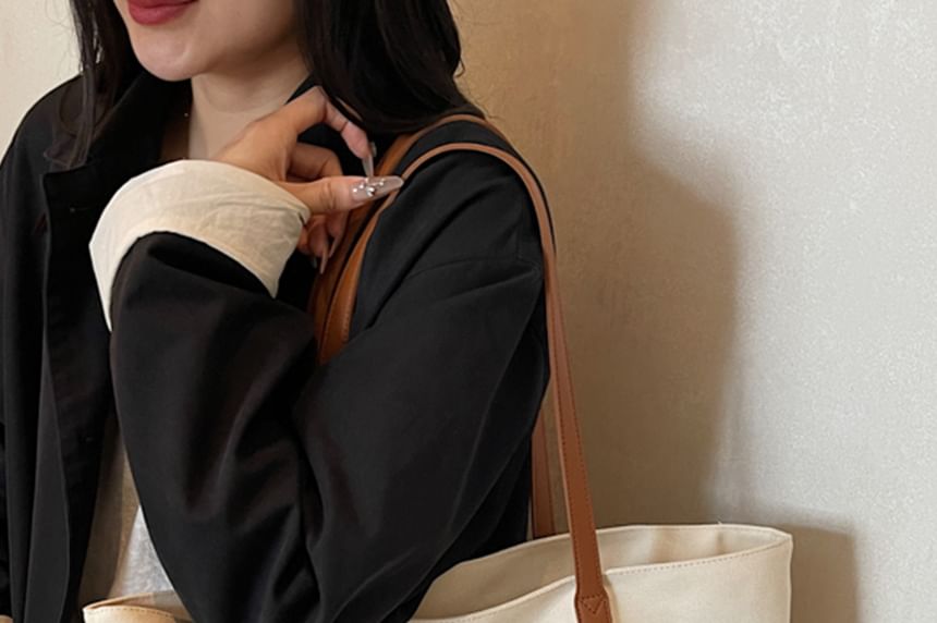 Striped Canvas Embroidered Tote Lettering Bag