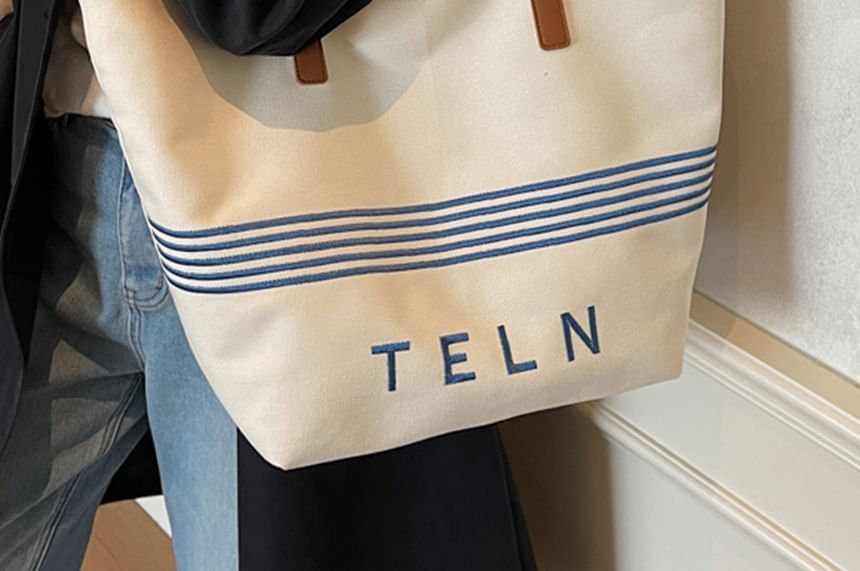 Striped Canvas Embroidered Tote Lettering Bag