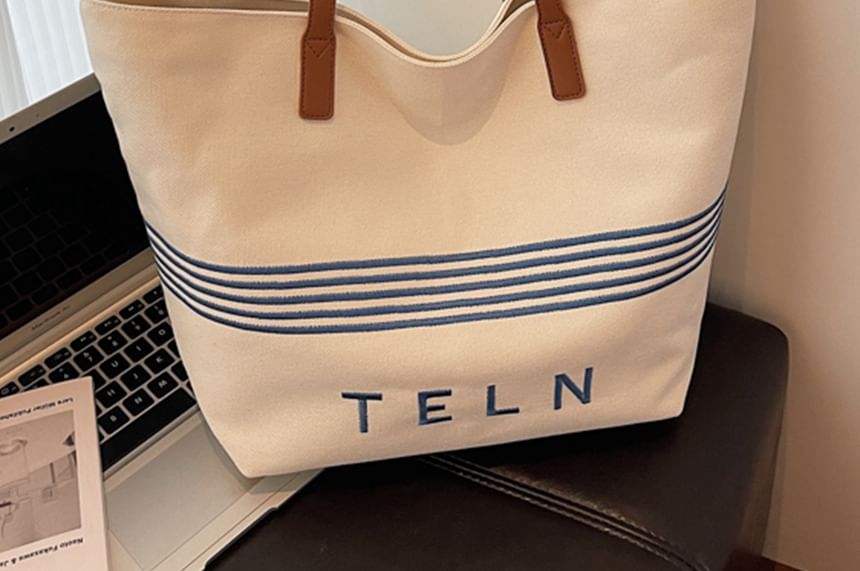 Striped Canvas Embroidered Tote Lettering Bag