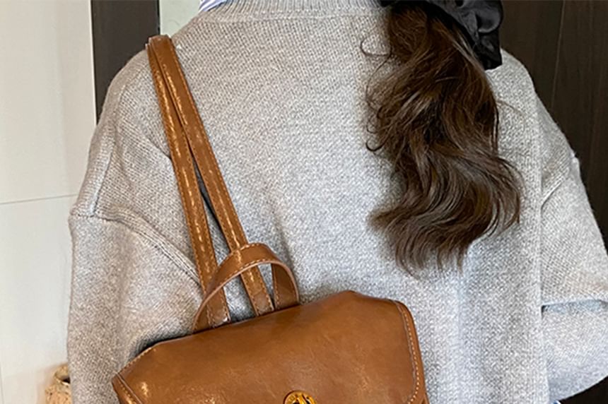 Leather Buckle Backpack Faux Flap