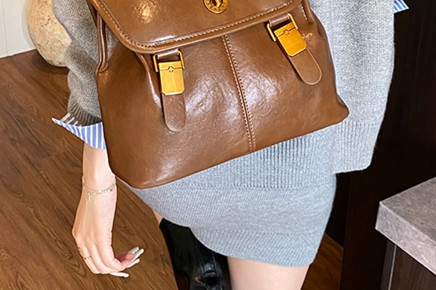 Leather Buckle Backpack Faux Flap