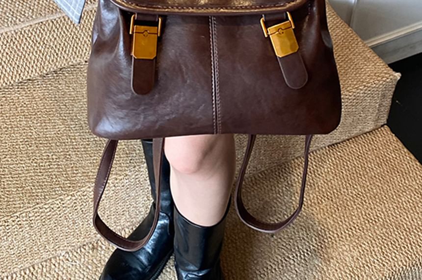 Leather Buckle Backpack Faux Flap