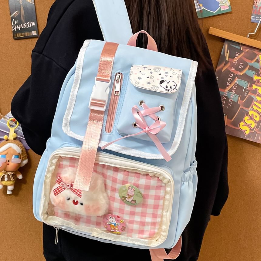 Panel Buckled Ribbon Gingham Backpack PVC Nylon