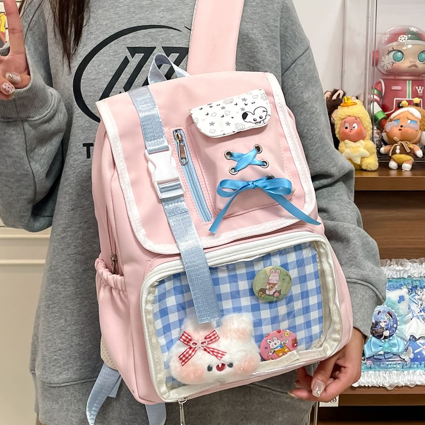 Panel Buckled Ribbon Gingham Backpack PVC Nylon