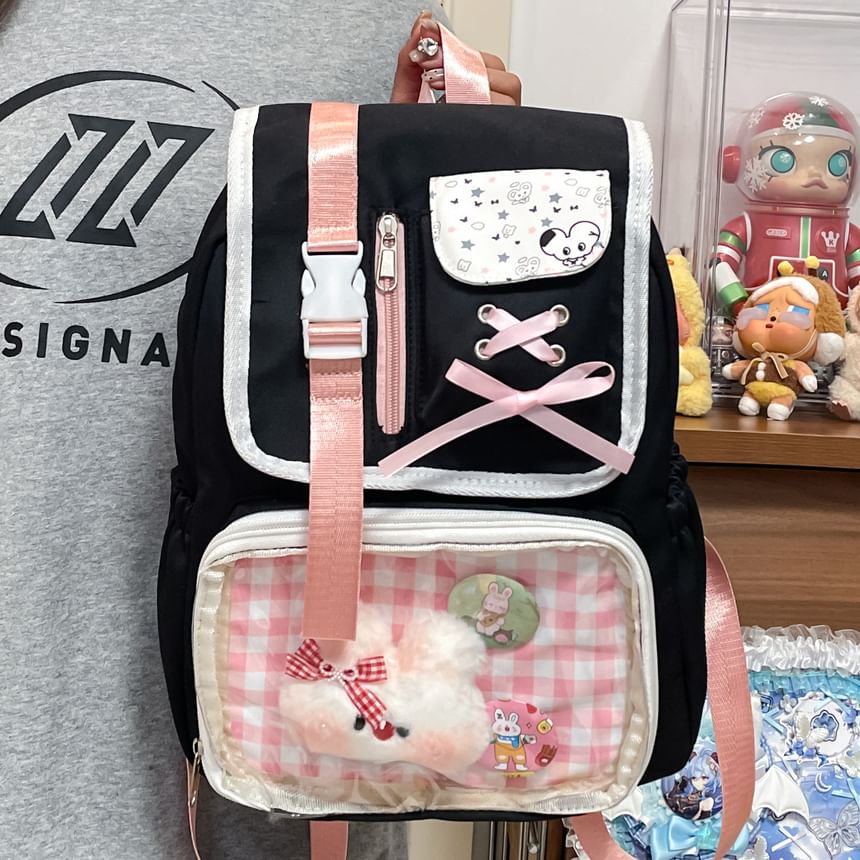 Panel Buckled Ribbon Gingham Backpack PVC Nylon