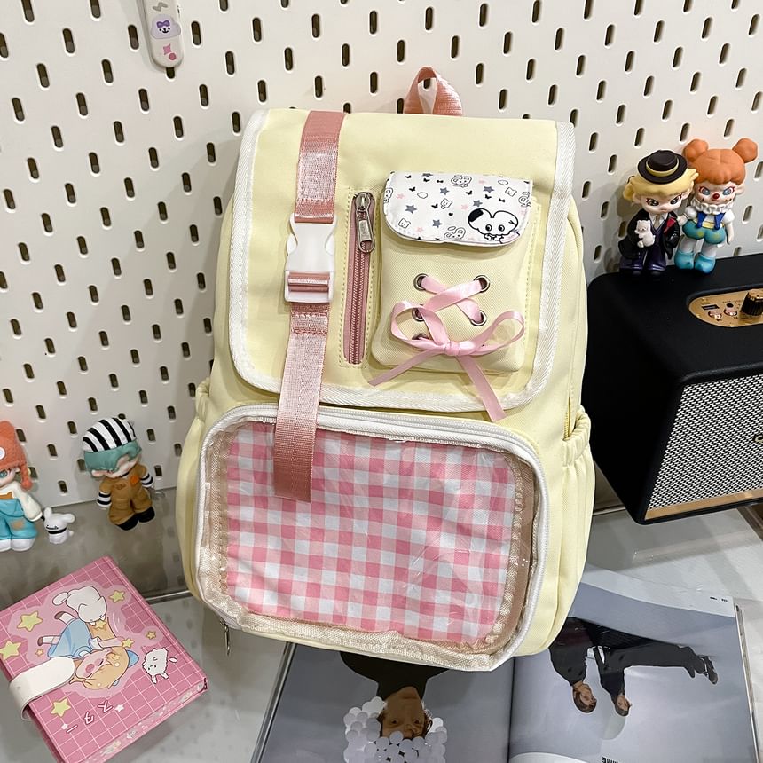 Panel Buckled Ribbon Gingham Backpack PVC Nylon