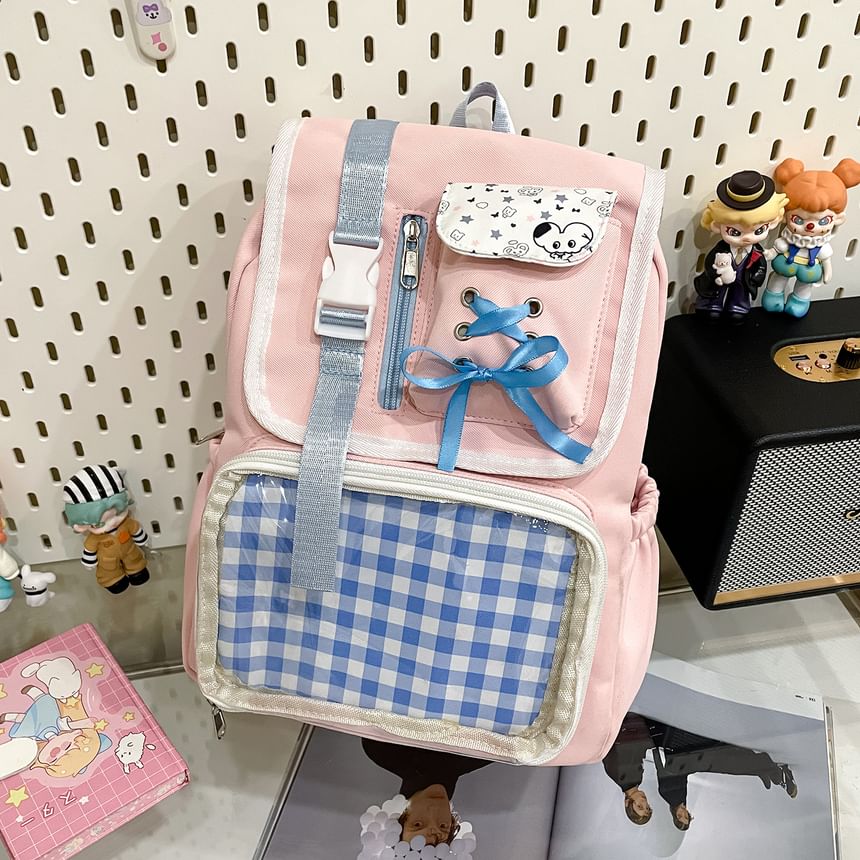 Panel Buckled Ribbon Gingham Backpack PVC Nylon