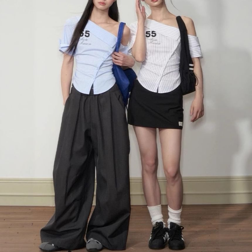 Short-Sleeve Off-Shoulder Striped Sheath Shirt