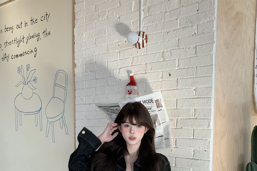 Collar Denim Zip Jacket / High Waist Denim Shorts