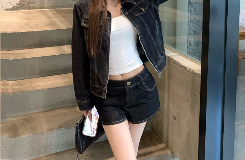 Collar Denim Zip Jacket / Mid Waist Loose Fit Jeans / Denim Shorts