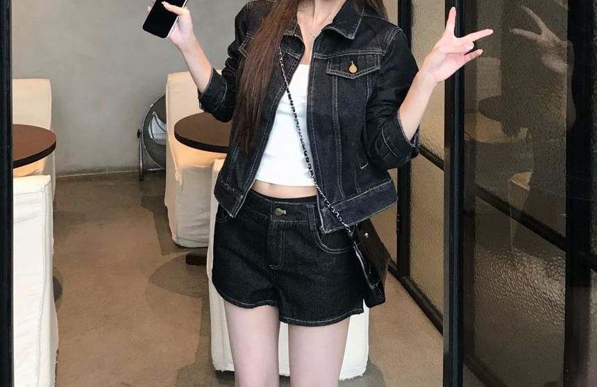 Collar Denim Zip Jacket / Mid Waist Loose Fit Jeans / Denim Shorts