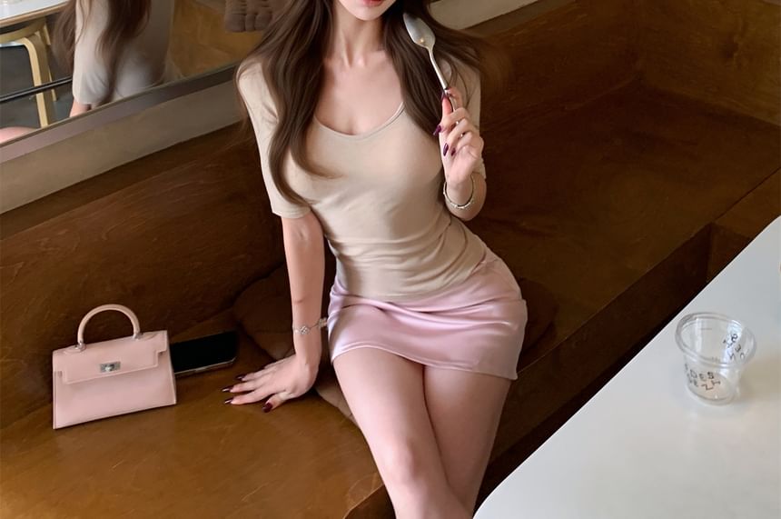 Scoop Neck Top & Satin Mini Pencil Skirt