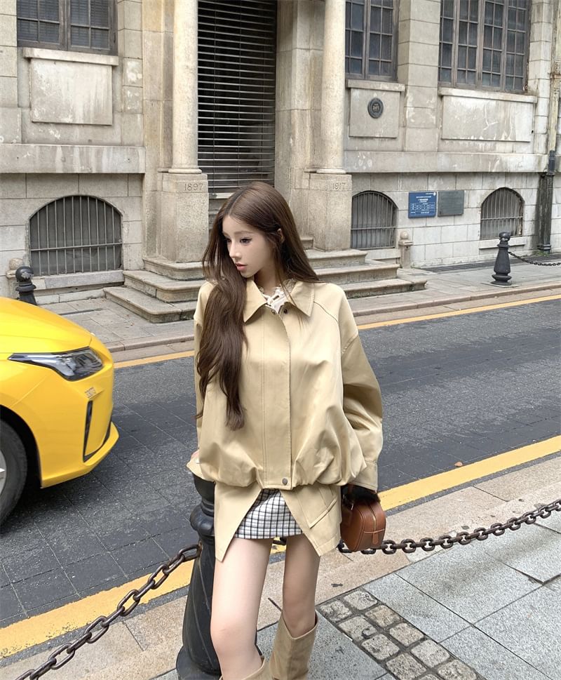 Collared Zip Jacket & Plaid Cargo Skirt Set