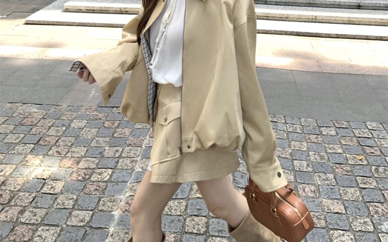 Collared Zip Jacket & Plaid Cargo Skirt Set