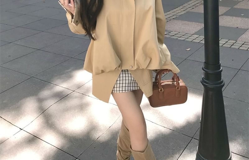 Collared Zip Jacket & Plaid Cargo Skirt Set