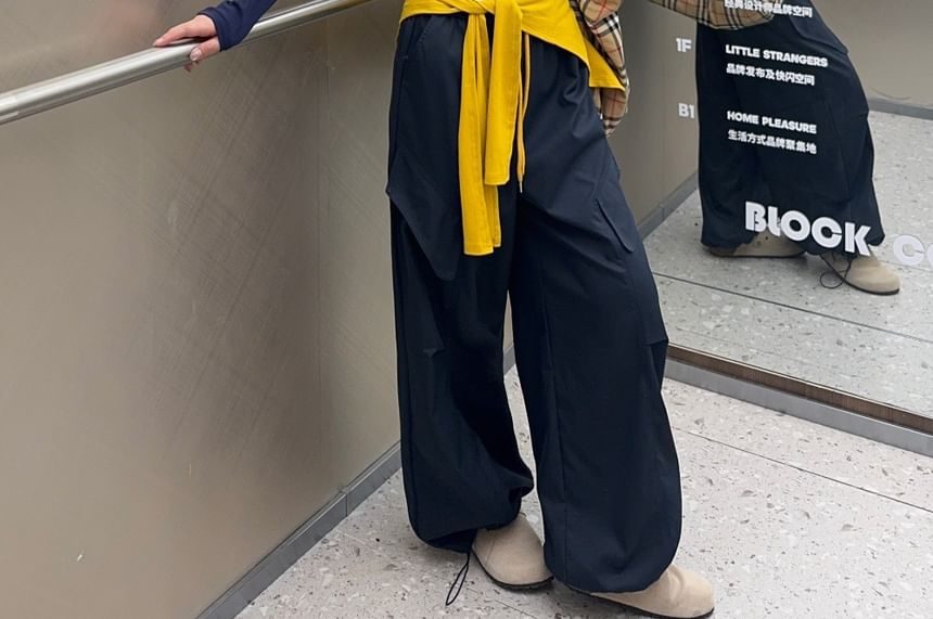 Long Sleeve Crew Neck Contrast Trim Tee / Scarf / Drawstring Waist Plain Wide Leg Cargo Pants / Set