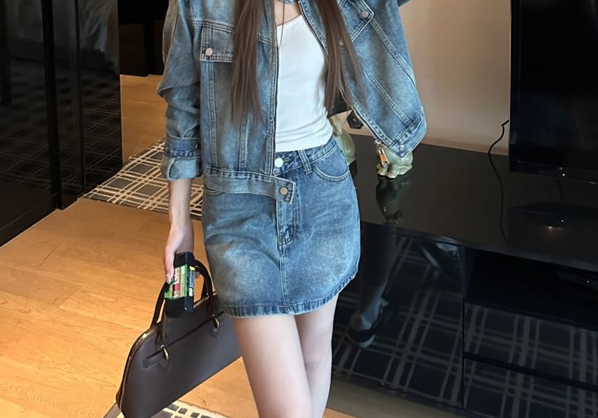 Washed Denim Jacket & Mini A-Line Skirt