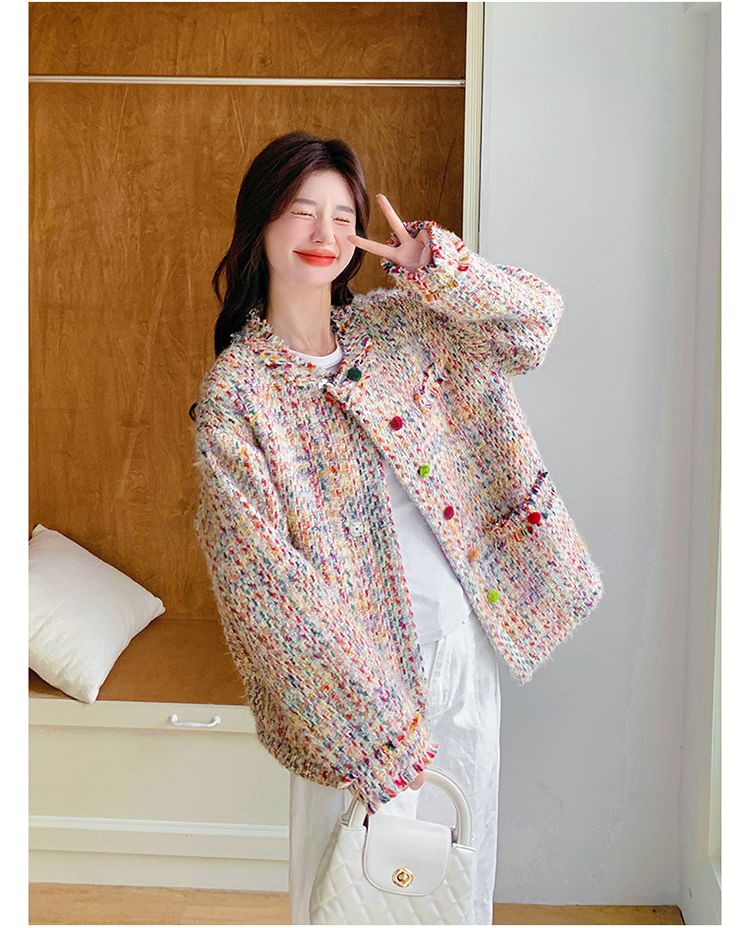 Crew Neck Fringed Button-Up Tweed Jacket